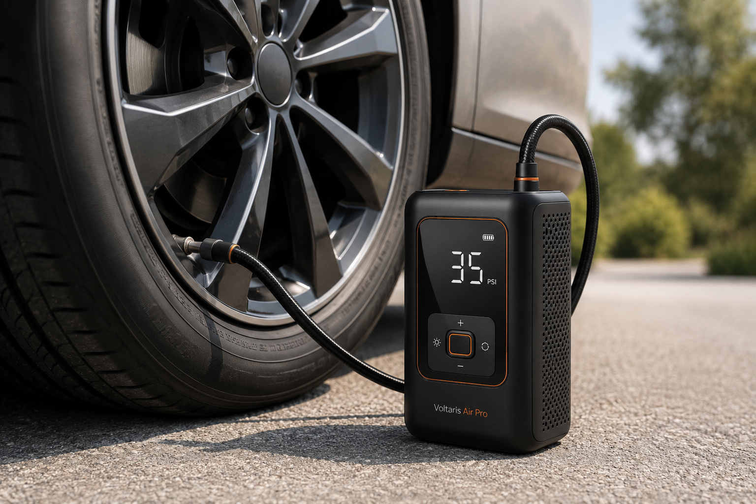 Illustrative fictional Voltaris Air Pro connected to a vehicle tire