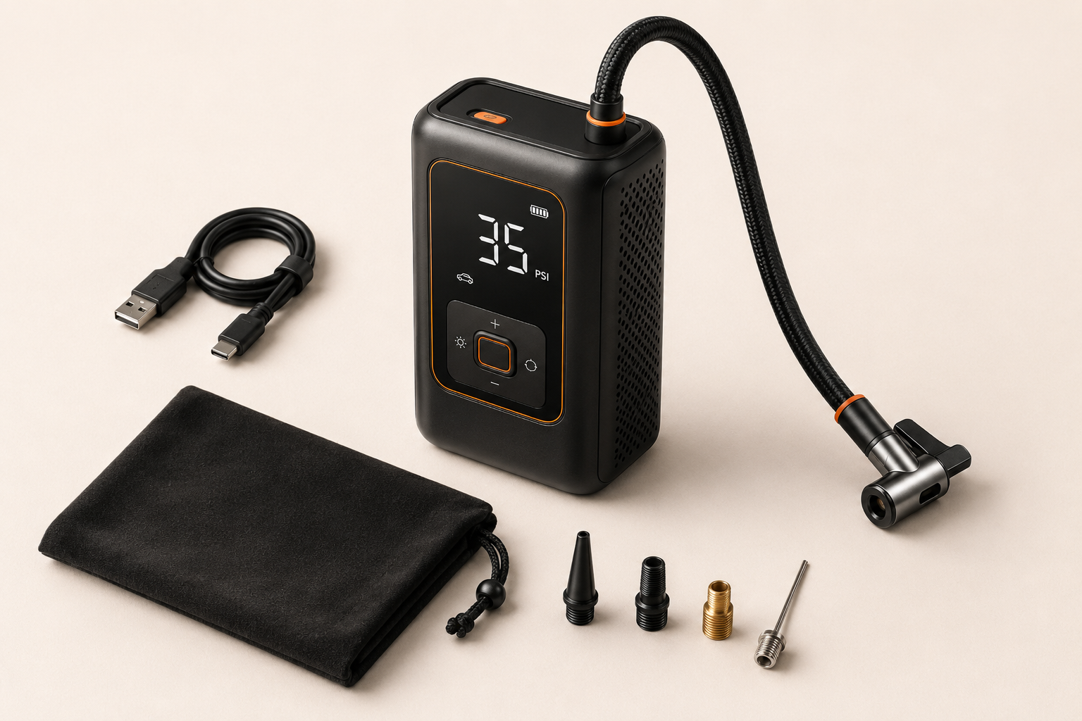 Illustrative Voltaris Air Pro fictional inflator with charging cable pouch and nozzle accessories