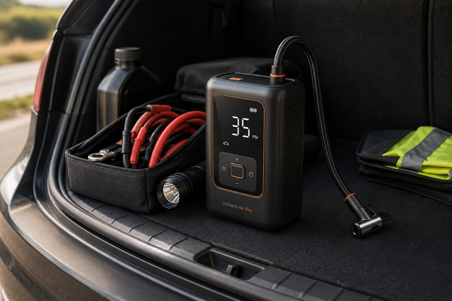 Illustrative fictional Voltaris Air Pro stored inside a vehicle emergency kit