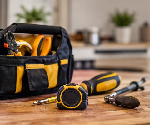 Tools prepared for a fictional BrightFix home repair service